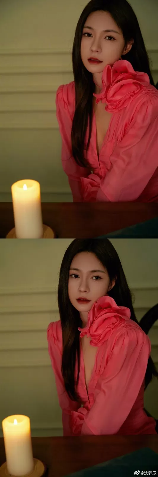 沈梦辰粉色深V裙小露性感  长发披肩露细腰长腿