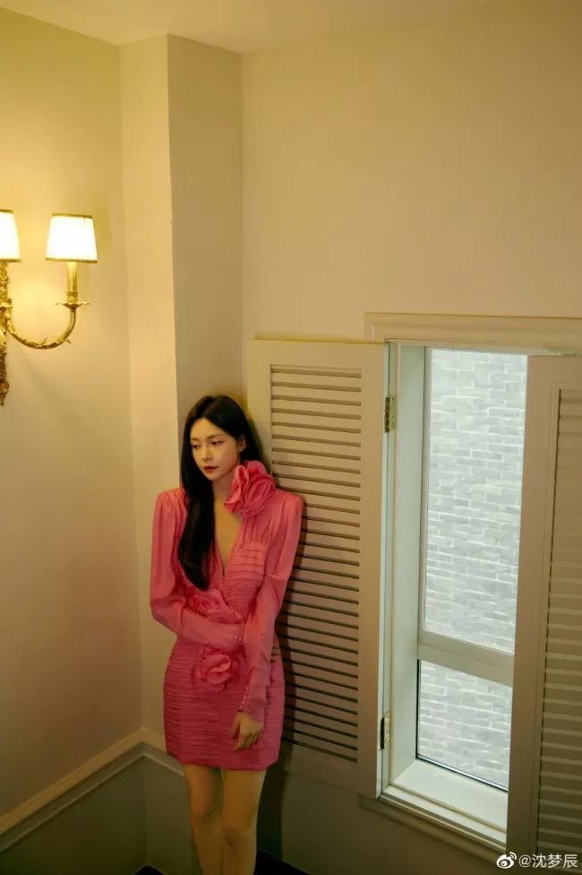 沈梦辰粉色深V裙小露性感  长发披肩露细腰长腿