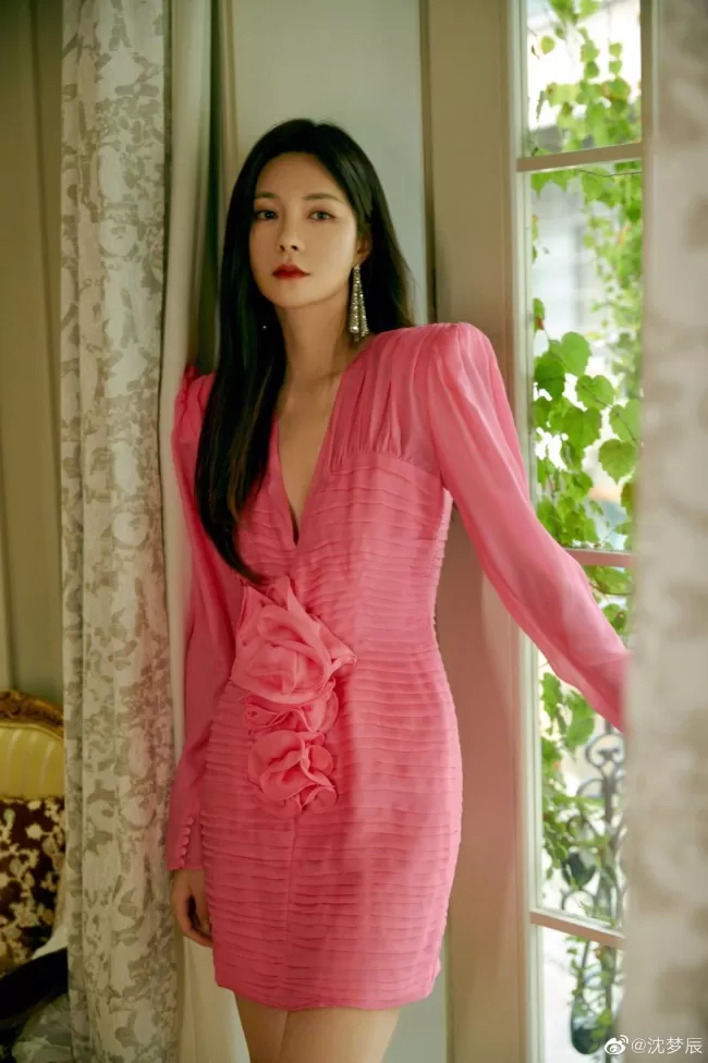 沈梦辰粉色深V裙小露性感  长发披肩露细腰长腿