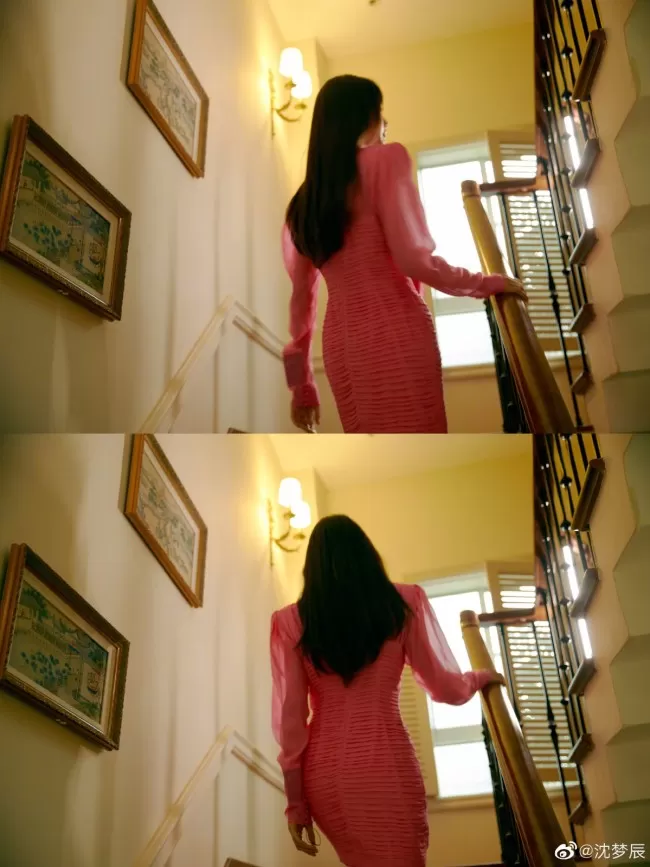 沈梦辰粉色深V裙小露性感  长发披肩露细腰长腿