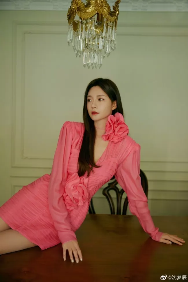沈梦辰粉色深V裙小露性感  长发披肩露细腰长腿