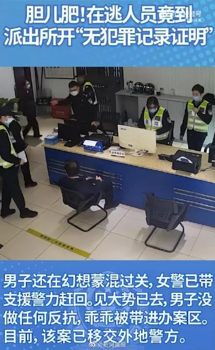 自动送上门 逃犯到派出所开无犯罪记录证明被抓