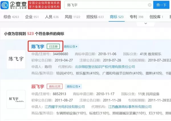 陈飞宇和阿瑟商标均已被抢注 其本人没有投资公司