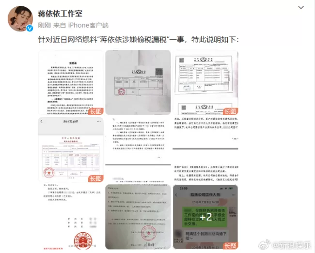 蒋依依工作室回应&quot;偷税漏税&quot;：已于7月6日完成缴纳